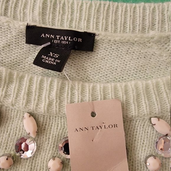 Ann Taylor Rhinestone Beaded Mint Green Sweater, Wool blend, Size XS, NWT - Picture 4 of 14